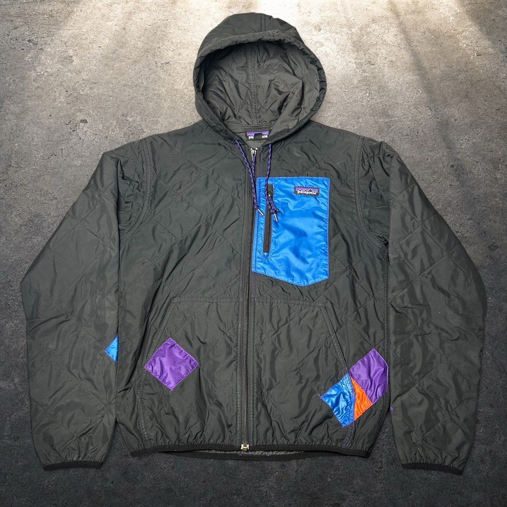 Patagonia Diamond Quilted Patchwork Bomber Hoody Jacket Black Mens Size Small